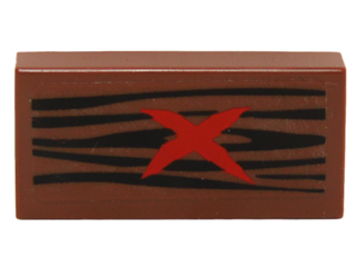 Lego Tile 1 x 2 with Wood Grain and Red 'X' Pattern (Sticker) - Set 70014