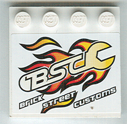 Lego Tile, Modified 4 x 4 with Studs on Edge with Flaming 'BSC' Wrench and 'BRICK STREET CUSTOMS' Pattern (Sticker) - Set 8681 / White