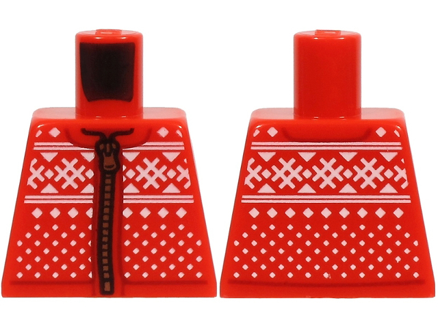 Lego Torso Winter Jacket with Zipper and Knitted White Hashmarks, Triangles, Lines and Squares Pattern / Red