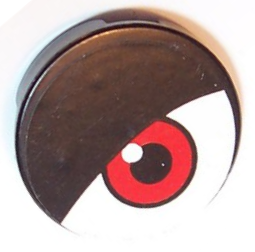 Lego Tile, Round 2 x 2 with Eyelid and Red Eye on White Background Pattern Model Left Side (Sticker) - Set 8277 / Black