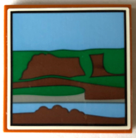 Lego Tile 4 x 4 with Picture of Green, Medium Blue and Reddish Brown Landscape with Black Border Pattern (Sticker) - Set 21336