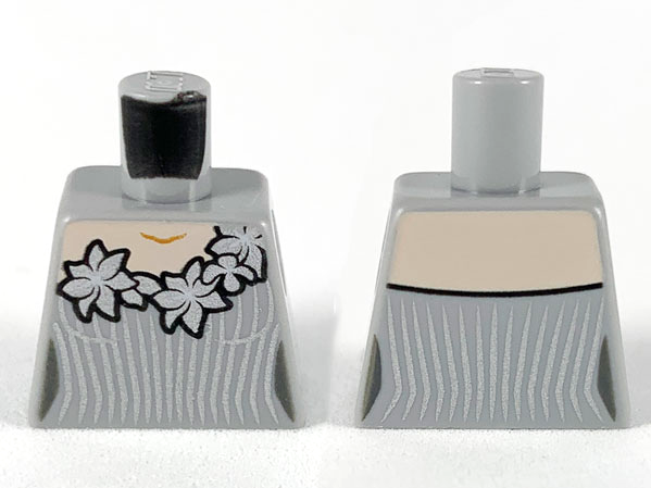 Lego Torso Female Dress, Light Nougat Neck, Silver Flowers and Vertical Stripes Pattern / Light Bluish Gray