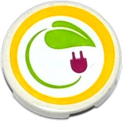 Lego Tile, Round 2 x 2 with Bottom Stud Holder with Leaf and Power Plug in Yellow Circle Pattern (Sticker) - Set 41091 / White
