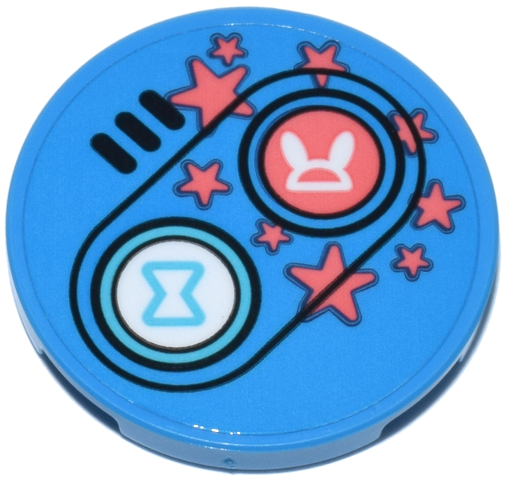 Lego Tile, Round 3 x 3 with Game Controller with Coral Stars, Medium Azure Hourglass, White Bunny and Black Buttons Pattern (Sticker) - Set 71490
