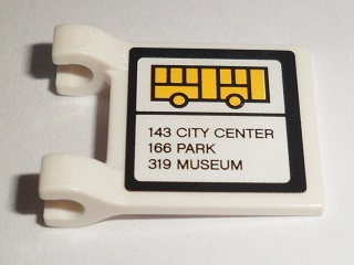 Lego Flag 2 x 2 Square with Flat Edge with Yellow Bus and '143 CITY CENTER', '166 PARK' and '319 MUSEUM' Route Pattern on Both Sides (Stickers) - Set 60097 / White
