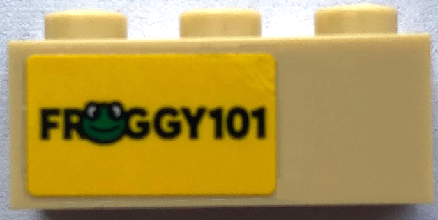 Lego Brick 1 x 3 with 'FROGGY101' and Green Frog Pattern (Sticker) - Set 21336 / Tan