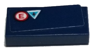 Lego Tile 1 x 2 with Red Letter E in Circle and Electricity Danger Triangle Pattern (Sticker) - Set 75885 / Dark Blue