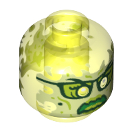 Lego Minifig Head Ghost, with Yellowish Green Face, Glasses, Angry and Flames in Back Print