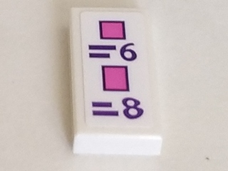 Lego Tile 1 x 2 with Dark Pink Rectangles, Dark Purple Price Chart with '=6' and '=8' Pattern (Sticker) - Set 41332 / White