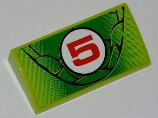 Lego Slope, Curved 2 x 4 x 2/3 with Bottom Tubes with Snake Nose and Red '5' in White Circle Pattern (Sticker) - Set 8231