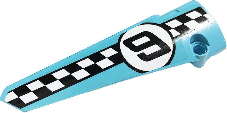 Lego Technic, Panel Fairing # 5 Long Smooth, Side A with '9' and Checkered Black and White Pattern (Sticker) - Set 42059 / Medium Azure