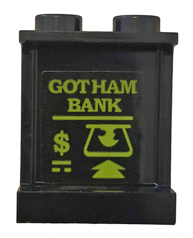 Lego Panel 1 x 2 x 2 with Side Supports - Hollow Studs with ATM and 'GOTHAM BANK' on Inside Pattern (Sticker) - Set 70921 / Black