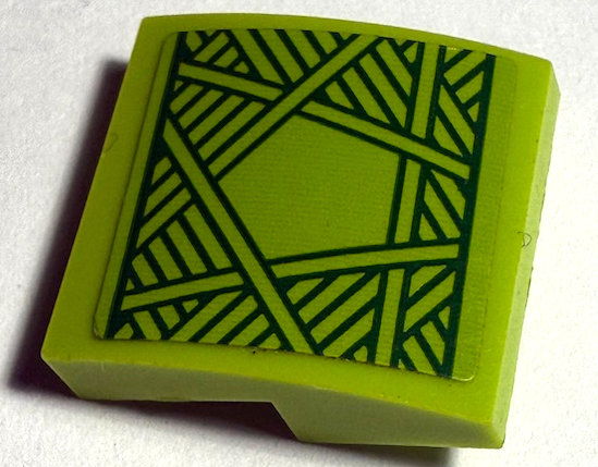 Lego Slope, Curved 2 x 2 x 2/3 with Green Lines and Pentagon Thached Roof Pattern (Sticker) - Set 43185