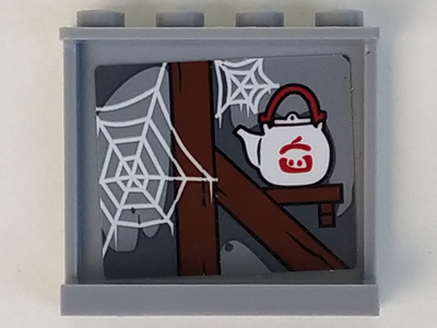 Lego Panel 1 x 4 x 3 with Side Supports - Hollow Studs with Spider Webs and Japanese Teapot Pattern (Sticker) - Set 70617 / Light Bluish Gray