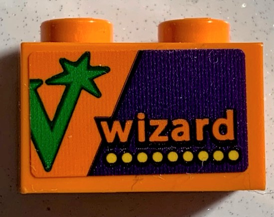 Lego Brick 1 x 2 with 'wizard' and Yellow Dots on Dark Purple Background, Partial Green Letter W Pattern (Sticker) - Set 75978