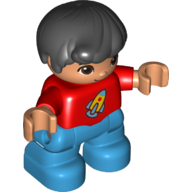 Lego Duplo Figure Child, Hair Combed Forward with Curl Black, Red Top with Rocket Ship Print - Nougat Face and Hands - Dark Azure Legs / Red