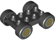 Lego Duplo Car Base 2 x 4 with Black Tires and Yellow 'Y' Spoke Wheels Pattern (88760 / 88762c01pb08)