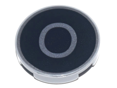 Lego Tile, Round 2 x 2 with Bottom Stud Holder with Silver Capital Letter O on Black Background Pattern