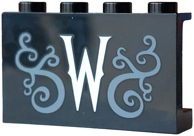 Lego Panel 1 x 4 x 2 with Side Supports - Hollow Studs with White Wednesday Logo Letter W and Dark Bluish Gray Filigree Pattern / Black