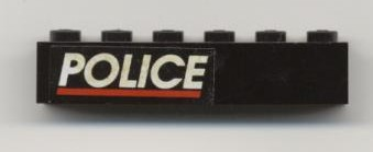 Lego Brick 1 x 6 with White 'POLICE' and Red Line on Black Background Pattern Left Side (Sticker) - Set 6598