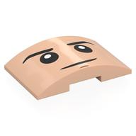 Lego Brick Curved 4 x 6 Double, 2 x 4 Cutout with Face, Black Eyebrows, Frown Print / Light Nougat