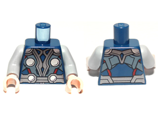 Lego Torso Armor with Silver Shoulders and 4 Circles, Dark Silver Belt, Metallic Light Blue and Red Trim Pattern / Light Bluish Gray Arms / Light Nougat Hands