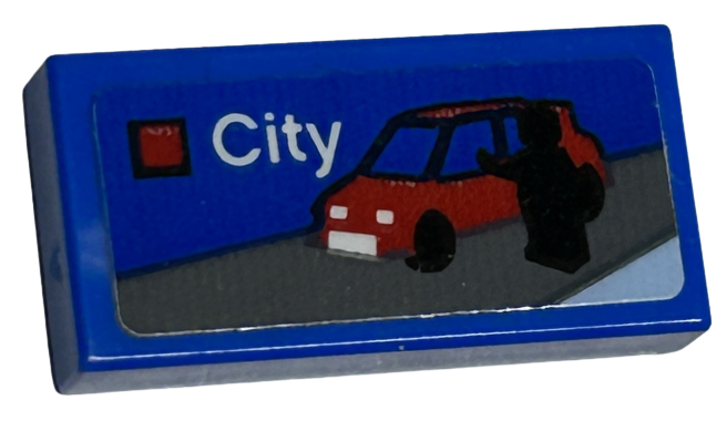 Lego Tile 1 x 2 with LEGO City Set Box Art, Black Minifigure Silhouette and Red Car with Blue Side Windows Pattern (Sticker) - Set 40528 / Blue