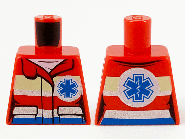 Lego Torso Female Jacket over White Shirt, Tan and Silver Safety Stripes, Small Blue EMT Star and EMT Star of Life on Back Pattern / Red
