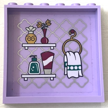 Lego Panel 1 x 6 x 5 with Hanging Towel, Bottles, Tube and Flowers on Shelves Pattern Model Right Side (Sticker) - Set 41684