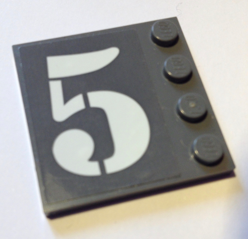 Lego Tile, Modified 4 x 4 with Studs on Edge with White Number 5 Pattern Model Left Side (Sticker) - Set 60125
