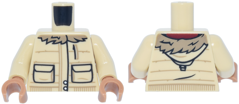 Lego Torso Jacket with Hood, Black Pockets, Silver Buttons, Dark Tan Trim and Fur Collar over Dark Red Shirt Pattern / Tan Arms / Medium Nougat Hands