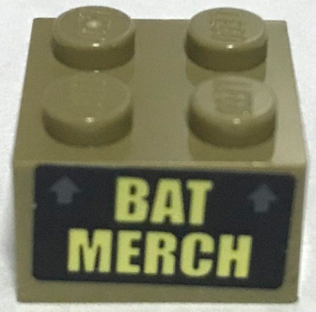 Lego Brick 2 x 2 with Bright Light Yellow 'BAT MERCH' and 2 Dark Bluish Gray Arrows on Black Background Pattern (Sticker) - Set 70922 / Dark Tan