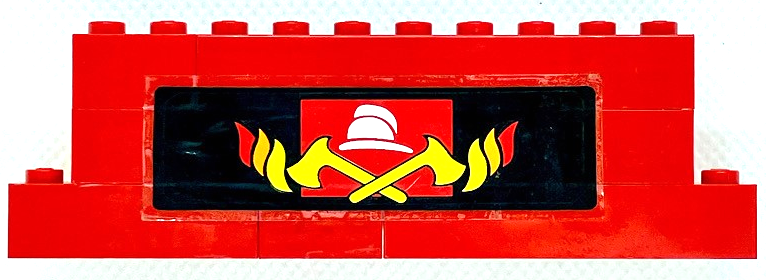 Lego Stickered Assembly 12 x 2 x 3 with Yellow Crossed Axes, White Fire Helmet and Classic Fire Logos Pattern (Sticker) - Set 6385