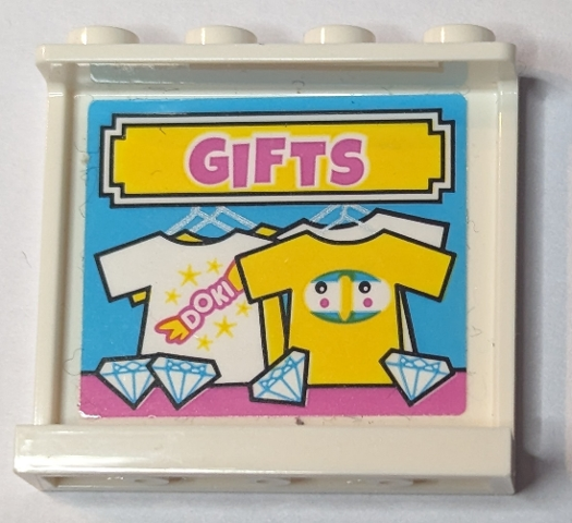 Lego Panel 1 x 4 x 3 with Side Supports - Hollow Studs with Yellow Sign with Dark Pink 'GIFTS', T-Shirts and Diamonds on Medium Azure Background Pattern (Sticker) - Set 41456 / White