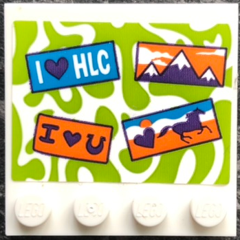 Lego Tile, Modified 4 x 4 With Studs On Edge with 'I Heart HLC', Mountains, 'I Heart Horseshoe', and Galloping Horse on Lime Background Pattern (Sticker) - Set 41371 / White