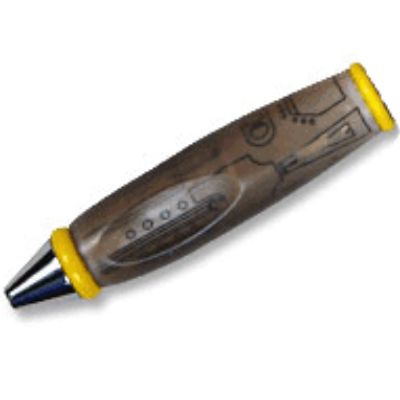 Lego Pen Body, with Chrome Tip, Yellow Ends, Black Mechanical Lines Print / Trans-Brown