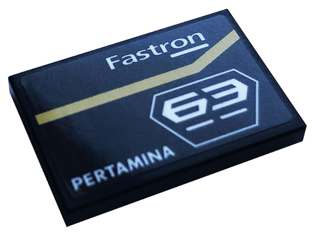 Lego Tile 2 x 3 with Gold Stripe, White 'Fastron', '63', and 'PERTAMINA' Pattern Model Right Side (Sticker) - Set 76899