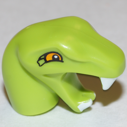 Lego Minifig Head Special, Snake with Short Neck with Orange Eyes, Open Mouth with White Fangs Print / Lime
