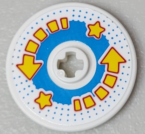 Lego Technic, Disk 3 x 3 with 2 Yellow Stars and Segmented Arrows, Dark Azure Circle and Dots Pattern (Sticker) - Set 10303 / White