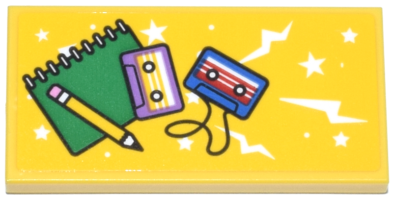 Lego Tile 2 x 4 with Pencil, Green Notebook, Medium Lavender and Blue Cassette Tapes, White Energy and Stars Pattern (Sticker) - Set 42653