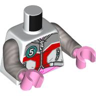 Lego Torso, Jacket, Zipper, Light Bluish Grey/Red Shapes, Dark Turquoise Circle with White '5', Bright Pink Stomach print, Flat Silver Arms, Bright Pink Hands / White