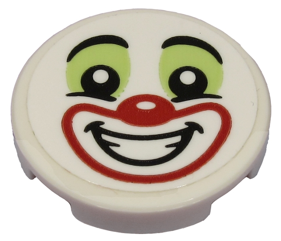 Lego Tile, Round 2 x 2 with Bottom Stud Holder with Clown Face with Yellowish Green Eye Shadow and Red Nose and Mouth Pattern (Sticker) - Set 70432