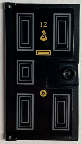 Lego Door 1 x 4 x 6 with Stud Handle with Gold Number 12, Knocker, Letterbox and Dark Bluish Gray Panels Pattern (Sticker) - Set 76408 / Black