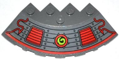 Lego Brick, Round Corner 6 x 6 with Slope 33 Edge, Facet Cutout with Rivets, Red Vents and Lime Swirl in Red Circle Pattern (Sticker) - Set 70504 / Dark Bluish Gray