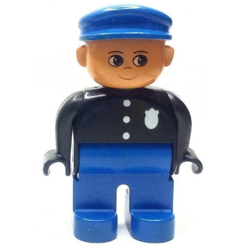 Lego Duplo Figure, Early, with Flat Cap Blue, Blue Legs, Three Buttons and Police Badge, Nose Pointing Up Print