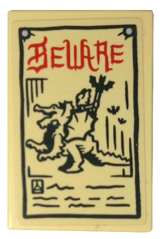Lego Tile 2 x 3 with Red 'BEWARE' and Black Dragon Pattern (Sticker) - Set 10332 / Tan