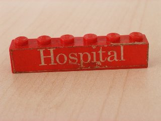 Lego Brick 1 x 6 with White 'Hospital' Text on Red Background Pattern (Sticker) - Sets 363-1 / 555-1