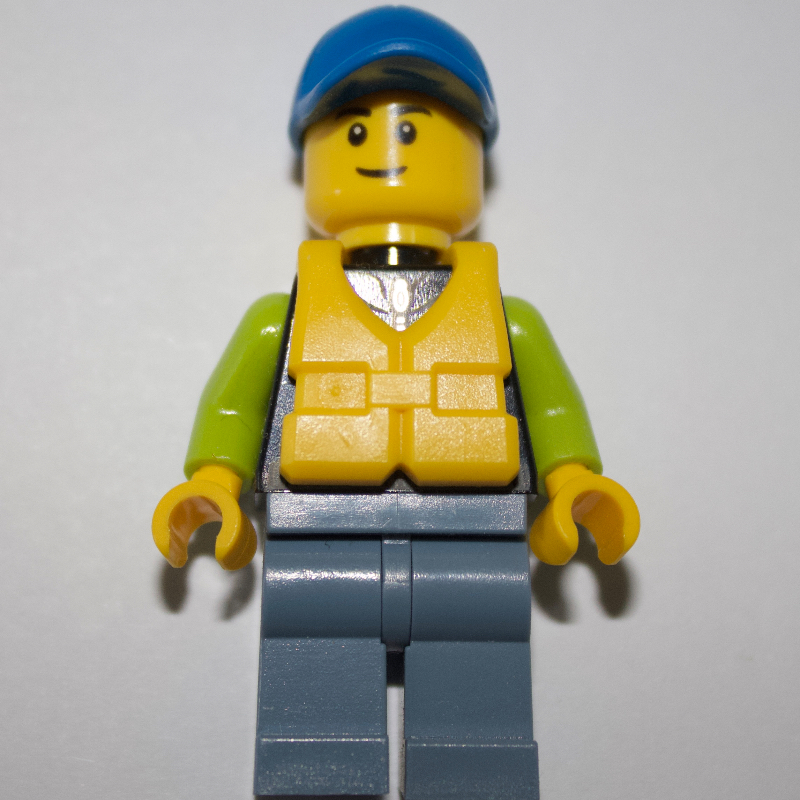 Lego Man, Black and Lime Jacket, Blue Cap, Yellow Life Vest