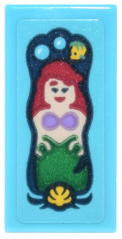 Lego Tile 1 x 2 with Toy Box with Ariel, Red Hair, Green Mermaid Fin, Bubbles, Flounder and Yellow Seashell Pattern (Sticker) - Set 43302 / Medium Azure