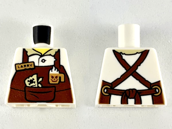 Lego Torso Reddish Brown Apron with Cup, 'LARRY' Name Tag, Straps Pattern / White